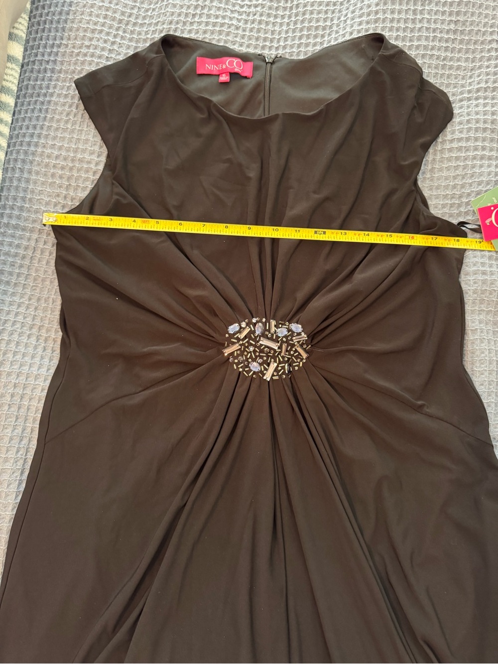 NWT Nine & Co. Black Ruched Sheath Dress with Beaded Waist Detail - Cap Sleeve - Picture 10 of 14
